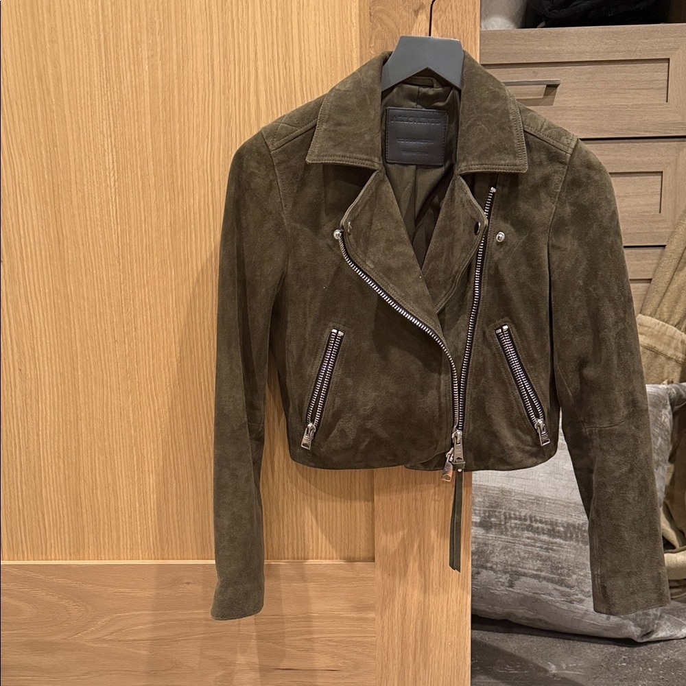 AllSaints Olive Suede Biker Jacket
